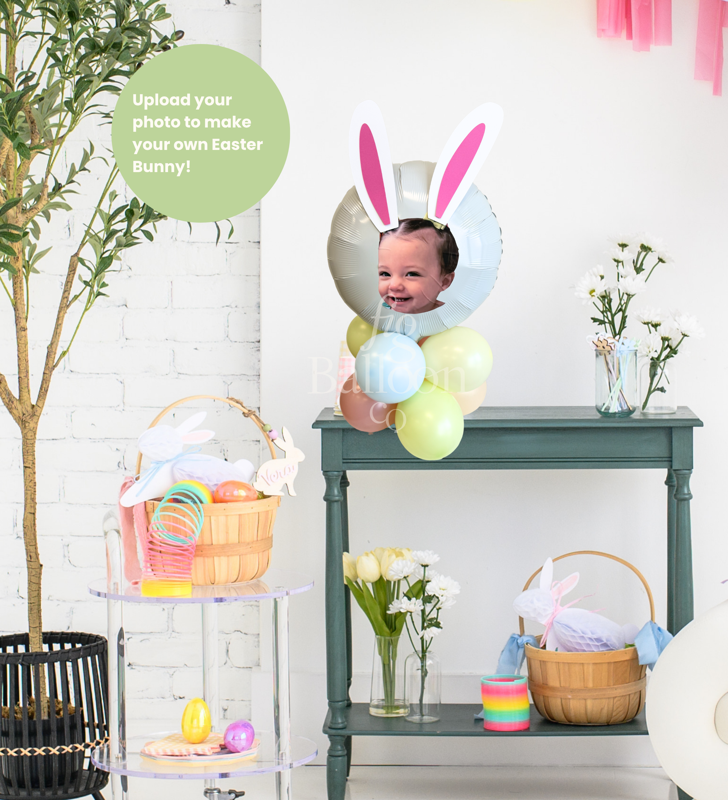 Easter-themed room with bunny ears, eggs, and a baby in a photo frame.