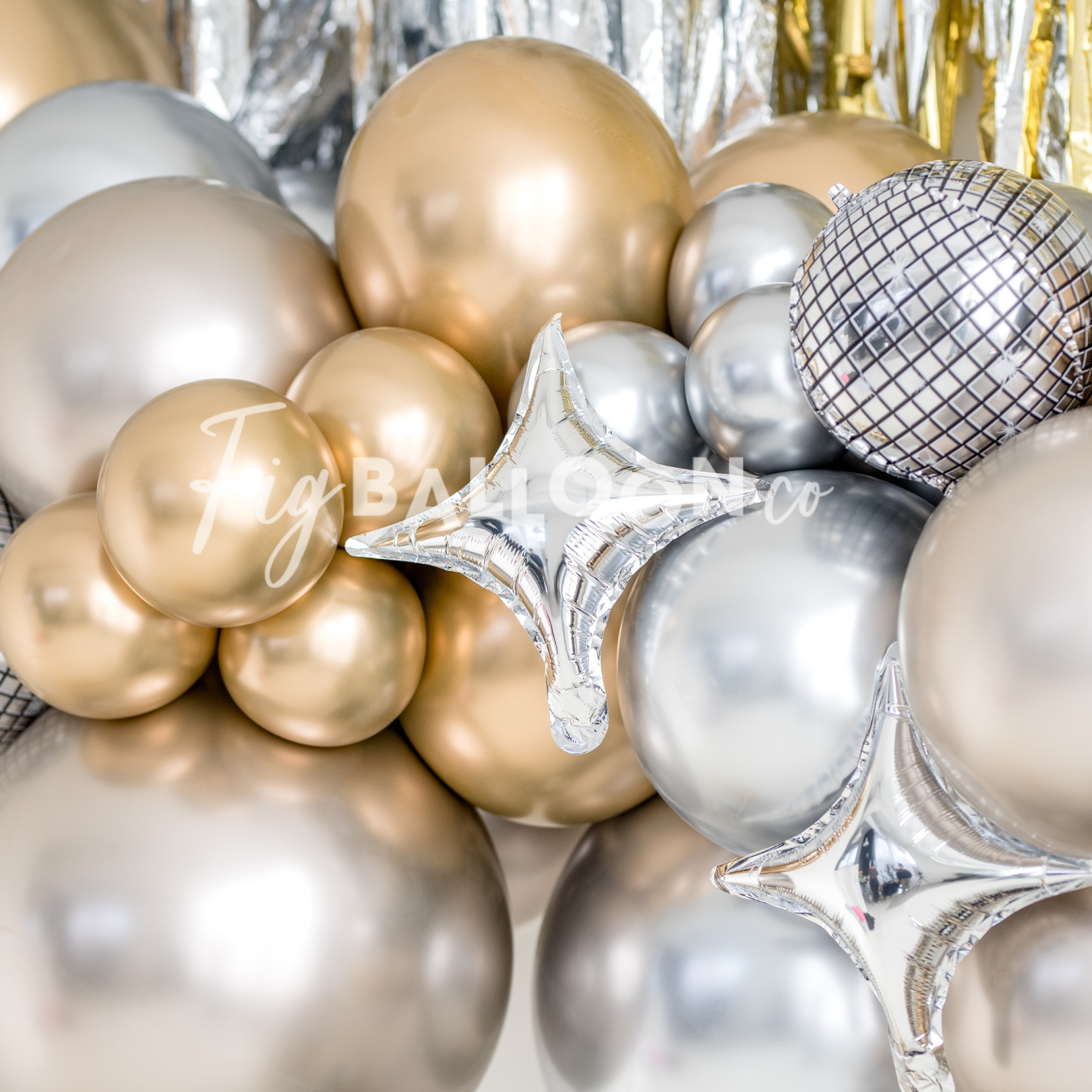 Fig Balloon Co. festive New Years Eve Balloons in silver and gold 