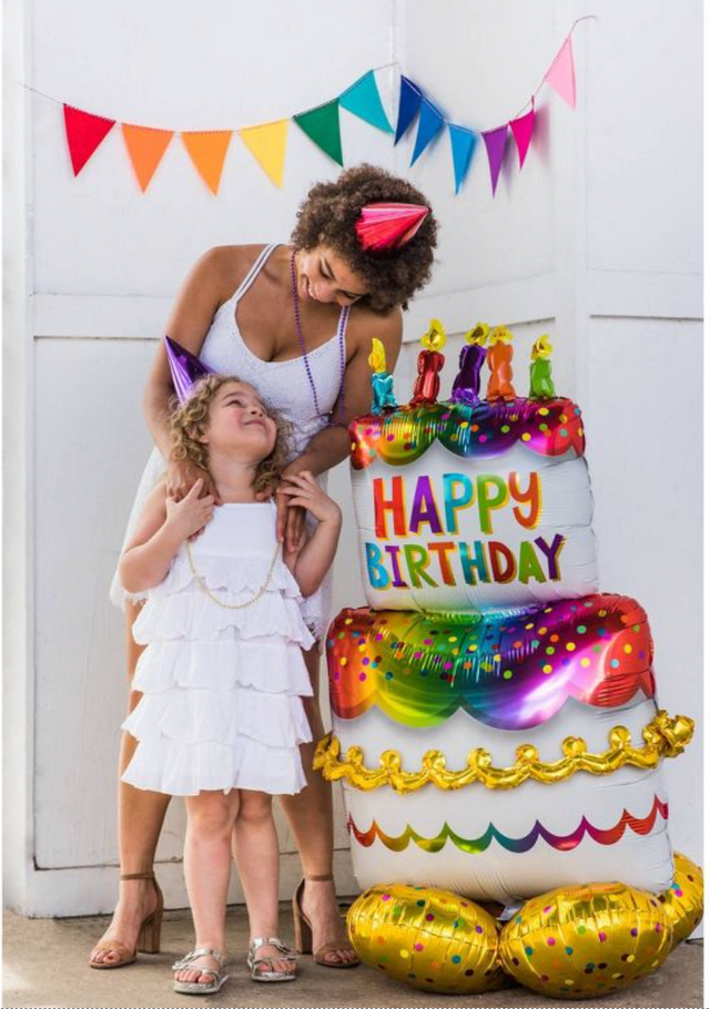 Happy Birthday. Girl With Balloons And Cake At Party Stock Photo